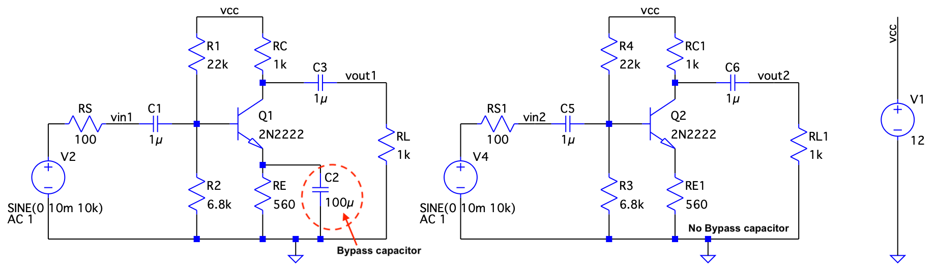 Schematic of CE amplifiers with and without by-pass capacitors