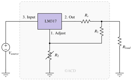 LM317 voltage regulator with current limit.