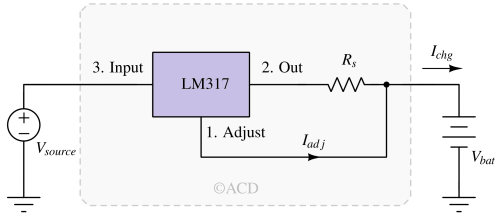 LM317 voltage regulator with constant current output.