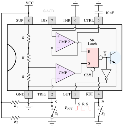 555 timer IC configured in bistable mode