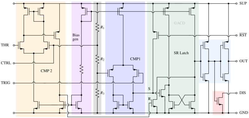 Internal transistor level circuit diagram of 555 timer IC. CMOS version.