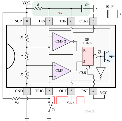 555 timer configured in monostable multivibrator mode